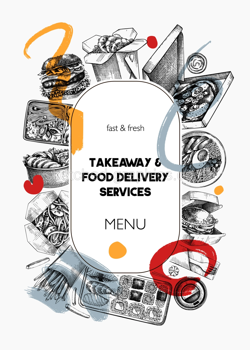Collage style fast food wreath. Hand-drawn vector illustration. Burger, pizza box, paper bag, coffee cup sketch. Takeaway food flyer template, delivery menu design, trendy background Illustration